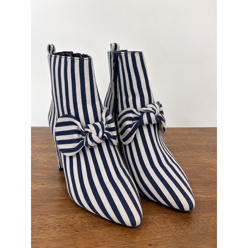 Allegra K Womens Navy White Striped Bow Ankle Boots Block Heel Pointed Toe Sz 10